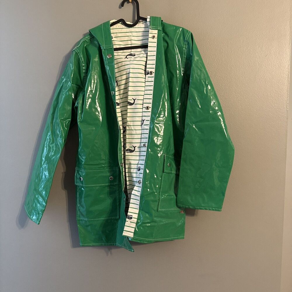 Green Navy Whimsy Women’s Raincoat PVC Slicker Whale Trench Jacket Hood